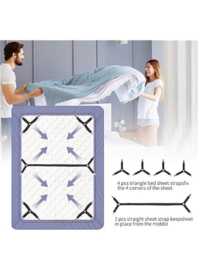 Luyena Bed Sheet Straps,4+1 Pcs Fitted Sheet Clips Holder,Upgraded Triangular Sheet Clip for Corner, Elastic Adjustable Sheet Strap for Mattress Cover, Sheet, Sofa Cushion 1(Black)