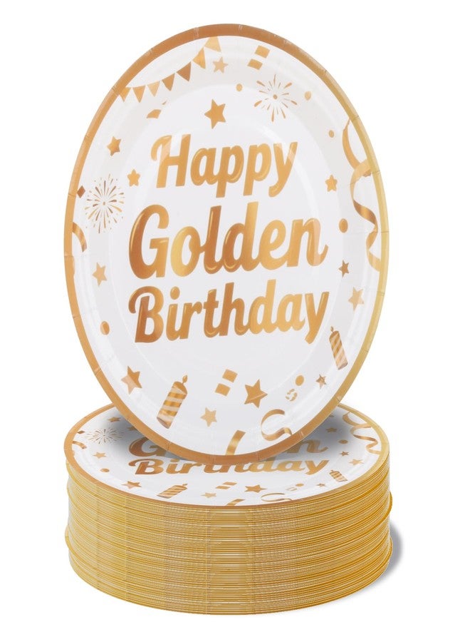 Pandecor 50 Pieces Happy Golden Birthday Party Disposable Paper Plates,7 inches White Gold Cake Dessert Plates for Golden Birthday Party Decorations - Image 1