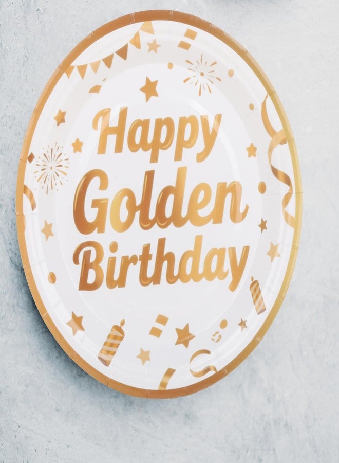 Pandecor 50 Pieces Happy Golden Birthday Party Disposable Paper Plates,7 inches White Gold Cake Dessert Plates for Golden Birthday Party Decorations - Image 4