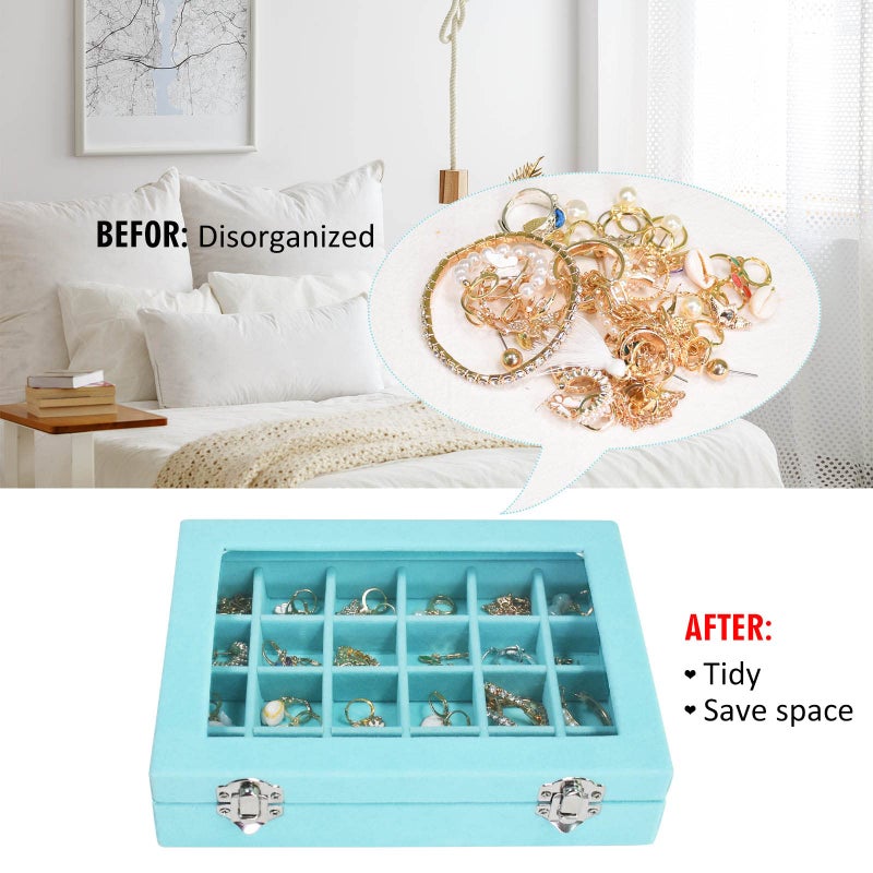 Vicoter Velvet Jewelry Box 24 Grid Jewelry Ring Display Organiser Box Tray Holder Earrings Storage Case for Girls Wife Mom Women (Light Blue) - Image 5
