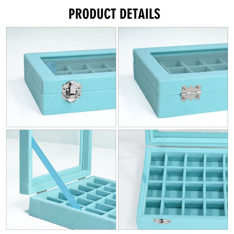 Vicoter Velvet Jewelry Box 24 Grid Jewelry Ring Display Organiser Box Tray Holder Earrings Storage Case for Girls Wife Mom Women (Light Blue) - Image 4