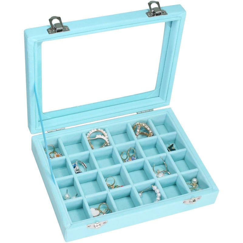 Vicoter Velvet Jewelry Box 24 Grid Jewelry Ring Display Organiser Box Tray Holder Earrings Storage Case for Girls Wife Mom Women (Light Blue) - Image 1