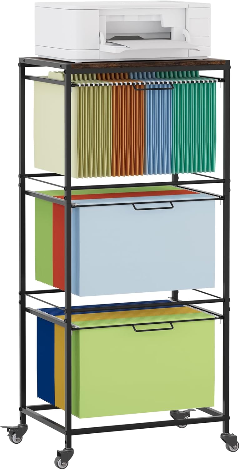 EasyPag Rolling Hanging File Folder Cart, 2 Tier Metal Pull-Out File Rack for Letter and Legal Size Folders, Portable Filing Cart for Office Home, Black - Image 1