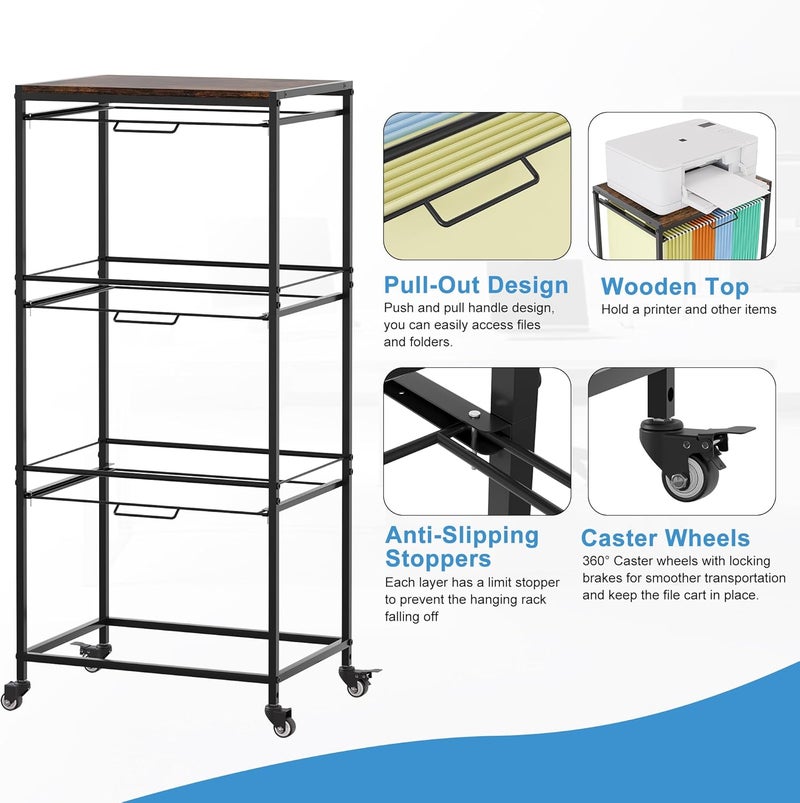 EasyPag Rolling Hanging File Folder Cart, 2 Tier Metal Pull-Out File Rack for Letter and Legal Size Folders, Portable Filing Cart for Office Home, Black - Image 3