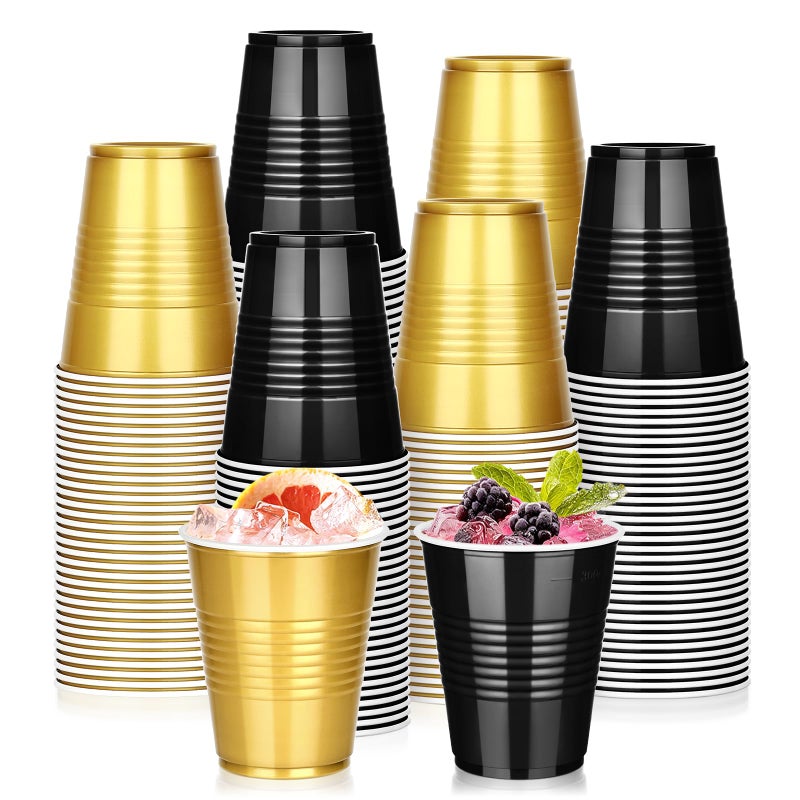 KesaPlan 100 PCS 12 OZ Plastic Cups  Party Cups Black and Gold Cups Disposable Drinking Cup Bulk For Christmas Graduation Wedding Birthday Halloween New Year Family Gathering Festive Celebrations - Image 1