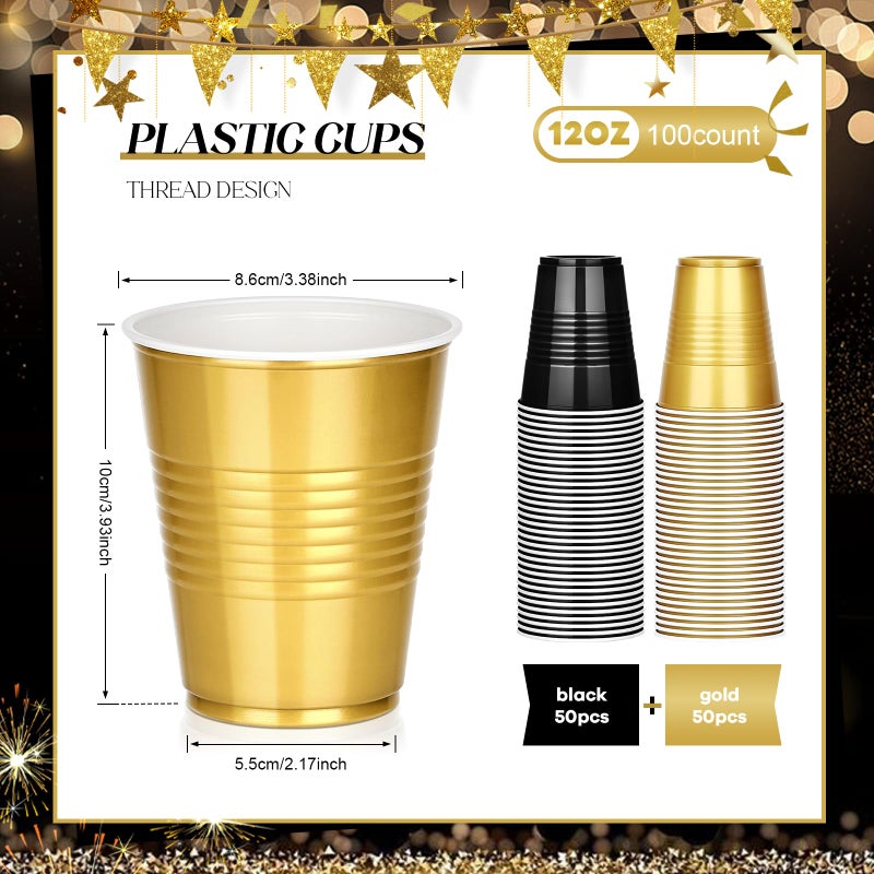 KesaPlan 100 PCS 12 OZ Plastic Cups  Party Cups Black and Gold Cups Disposable Drinking Cup Bulk For Christmas Graduation Wedding Birthday Halloween New Year Family Gathering Festive Celebrations - Image 2