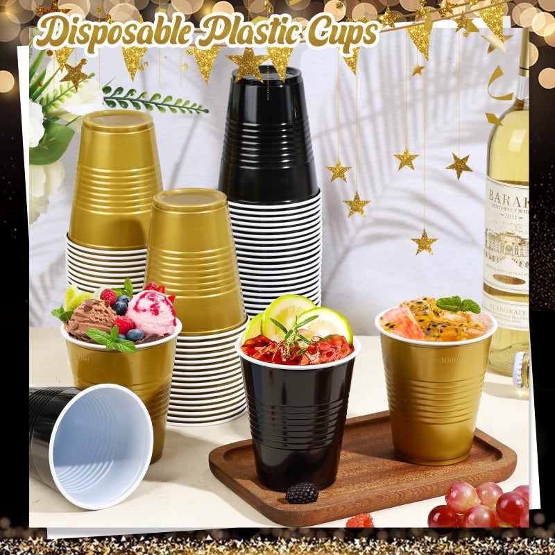 KesaPlan 100 PCS 12 OZ Plastic Cups  Party Cups Black and Gold Cups Disposable Drinking Cup Bulk For Christmas Graduation Wedding Birthday Halloween New Year Family Gathering Festive Celebrations - Image 3