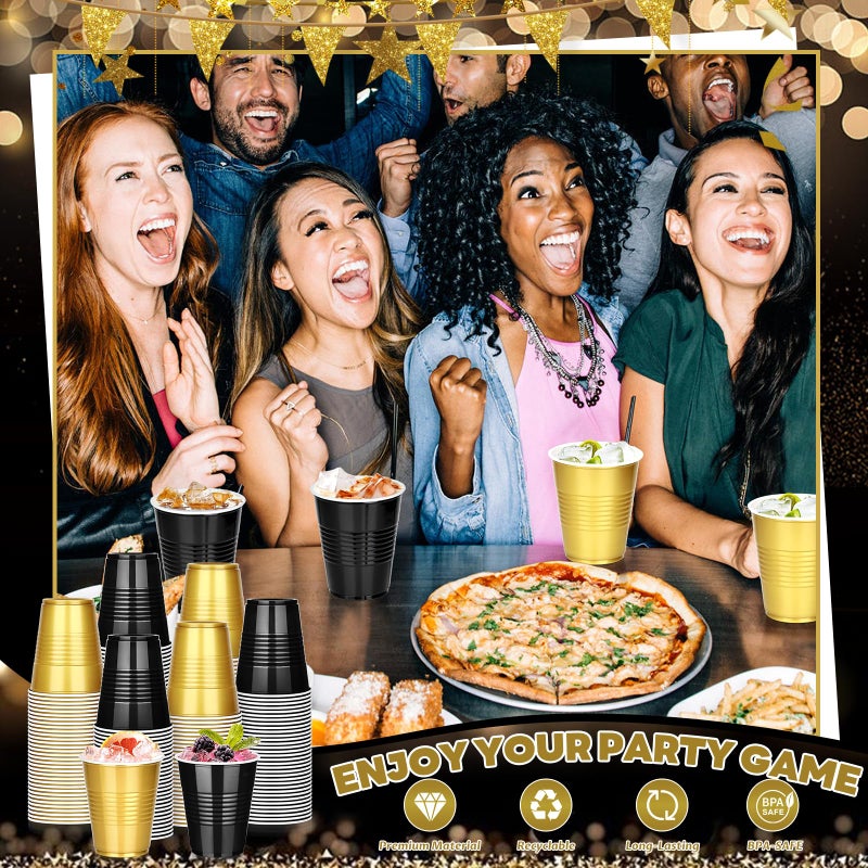 KesaPlan 100 PCS 12 OZ Plastic Cups  Party Cups Black and Gold Cups Disposable Drinking Cup Bulk For Christmas Graduation Wedding Birthday Halloween New Year Family Gathering Festive Celebrations - Image 5