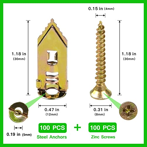 DASEMKO 200 PCS Zinc Plated Steel Self-Drilling Anchors，Self Drilling Drywall Anchors Easy Application No Drill or Holes in Wall (100 PCS Steel Anchors 0.47X1.18inch and 100 PCS zinc Screw) - Image 2