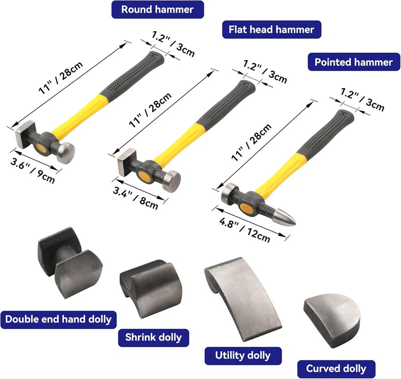 HFS (R) 7 Pcs Set Auto Body Fender Repair Tool Hammer Dolly Set - Image 2