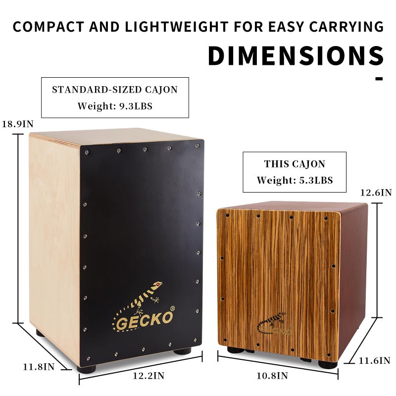 GECKO Cajon Drum Box with Snare and Bass Tone for Acoustic Music, 12" Percussion Instrument with Internal Adjustable Guitar Strings for Beginners and Professional, Compact Size - Image 5