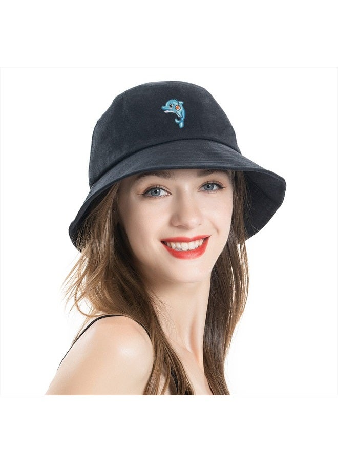 ZLYC Unisex Fashion Embroidered Bucket Hat Summer Fisherman Cap for Men Women Teens (Dolphin Black) - Image 1