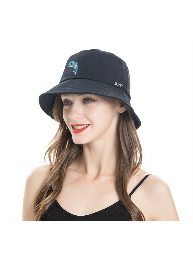 ZLYC Unisex Fashion Embroidered Bucket Hat Summer Fisherman Cap for Men Women Teens (Dolphin Black) - Image 2
