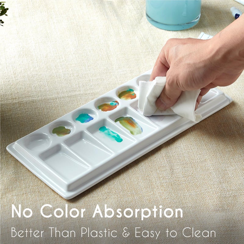 JODEVI Rectangular Ceramic Paint Palette with Lid, 14-Well Porcelain Watercolor Mixing Tray for Acrylic, Oil & Gouache, Large Artist Watercolor Palette with Plastic Cover - Image 4