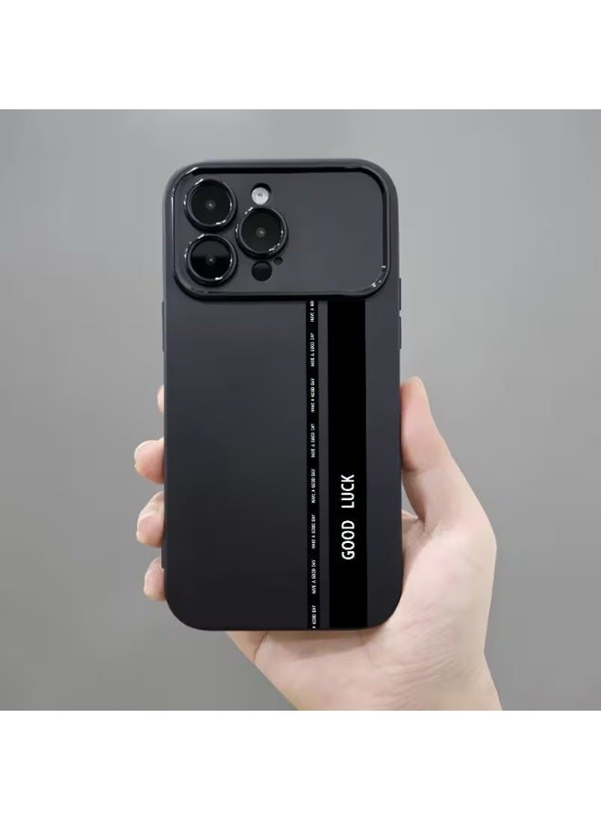 تيمو حافظة هاتف سيليكون أنيقة ومتينة بتصميم خط أسود وجملة حظ سعيد تصميم تريندي وجديد،  مضاد للصدمات ومصمم بتغطية كاملة لعدسة الكاميرا لحمايتها من الخدوش مناسبة لأيفون 16 برو - Image 1