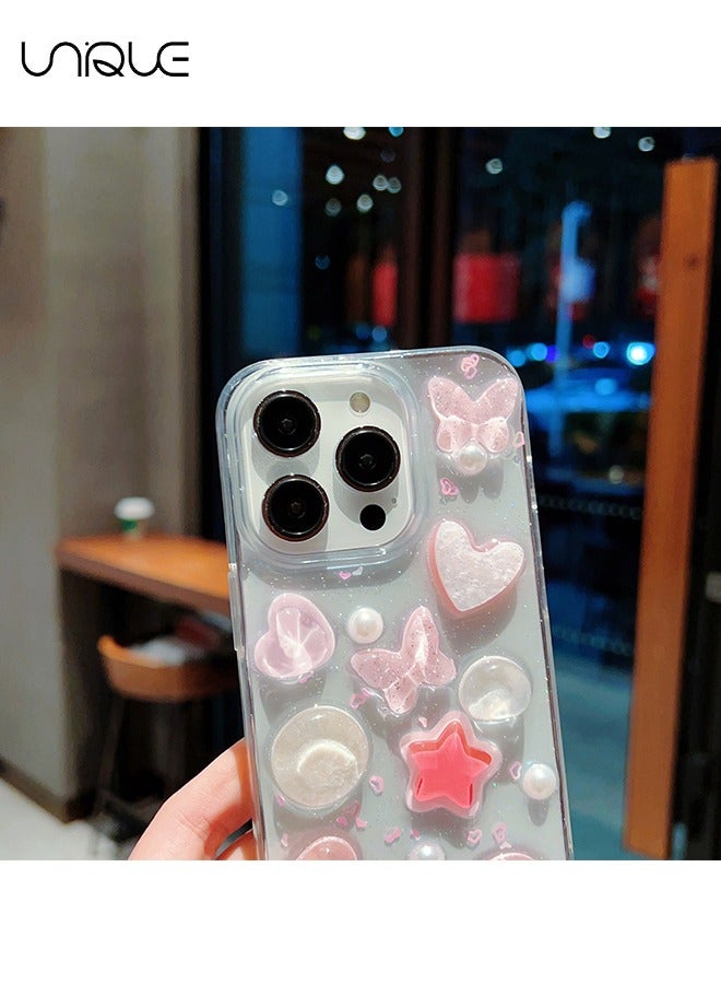 يونيك جراب هاتف ايفون 16 برو - حافظة هاتف 3D Butterfly Pink Heart لامع - حافظة هاتف شفافة - جراب هاتف أنيق وبسيط - حماية من السقوط TPU - Image 2