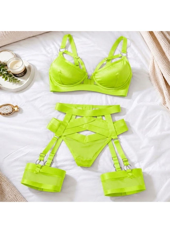 MARGOUN Women's 4-Piece Strappy Lingerie Set with Garter Belt, Underwire Strappy Bra, Cutout High-Waisted Cincher, Thong, and Thigh-High Stockings Exotic Underwear Ensemble - Neon Green - Image 4