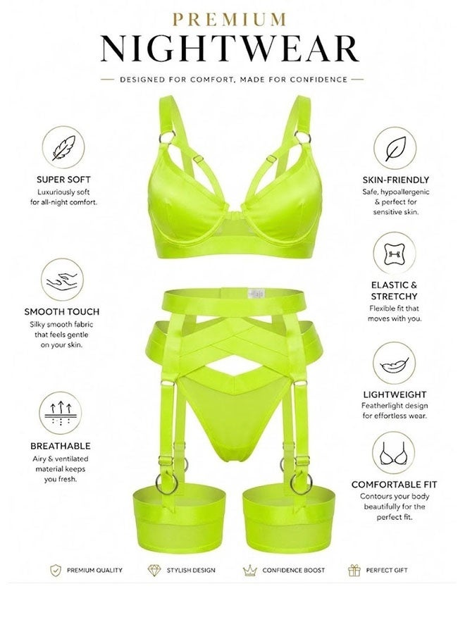 MARGOUN Women's 4-Piece Strappy Lingerie Set with Garter Belt, Underwire Strappy Bra, Cutout High-Waisted Cincher, Thong, and Thigh-High Stockings Exotic Underwear Ensemble - Neon Green - Image 2