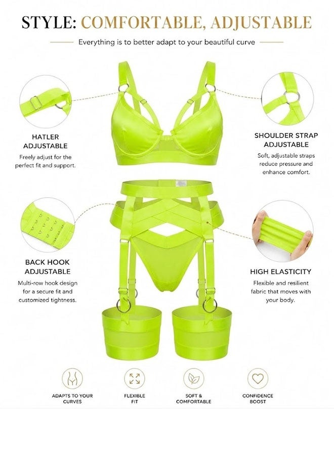 MARGOUN Women's 4-Piece Strappy Lingerie Set with Garter Belt, Underwire Strappy Bra, Cutout High-Waisted Cincher, Thong, and Thigh-High Stockings Exotic Underwear Ensemble - Neon Green - Image 5