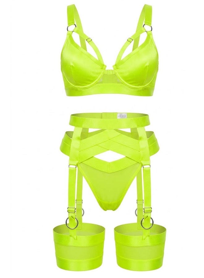 MARGOUN Women's 4-Piece Strappy Lingerie Set with Garter Belt, Underwire Strappy Bra, Cutout High-Waisted Cincher, Thong, and Thigh-High Stockings Exotic Underwear Ensemble - Neon Green - Image 3