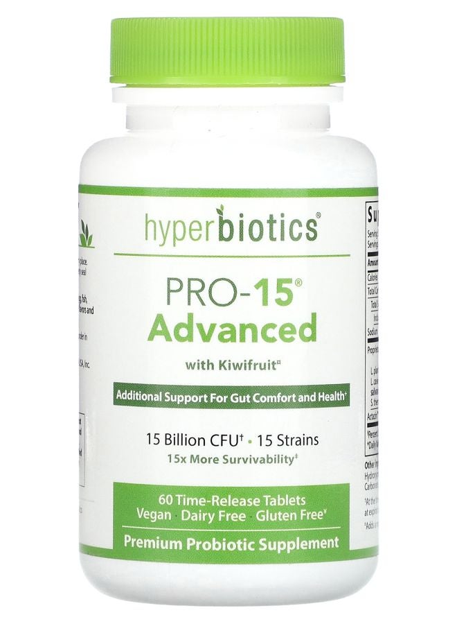 Hyperbiotics PRO-15 Advanced with Kiwifruitx 15 Billion CFU 60 Time-Release Tablets