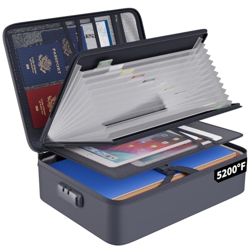 ENGPOW 5200℉ Fireproof File Organizer Bag with 13 Pocket Accordion File Folder,Document Organizer Box with Lock&Labels,Multi-Layer Portable Home Travel Safe Storage Box for Important Documents,Gray - Image 1