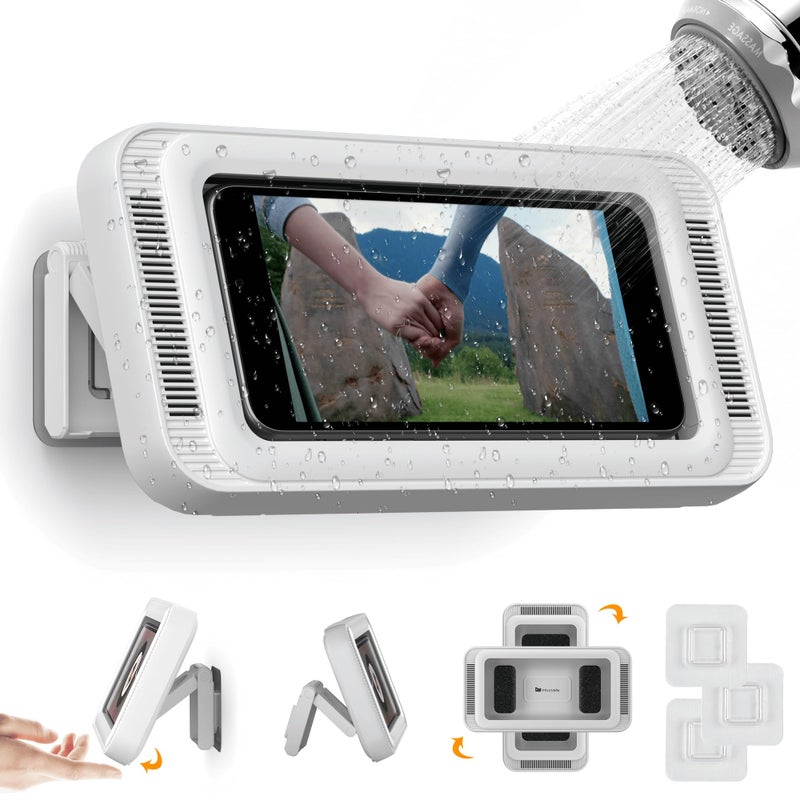 Mistriddle Waterproof Shower Phone Holder with 360Â° Rotation, Angle Adjustable, Enhanced Sound Quality, Wall Mounted Phone Holder for Bathroom Mirror Bathtub Kitchen, Up to 7 Inch (White) - Image 1