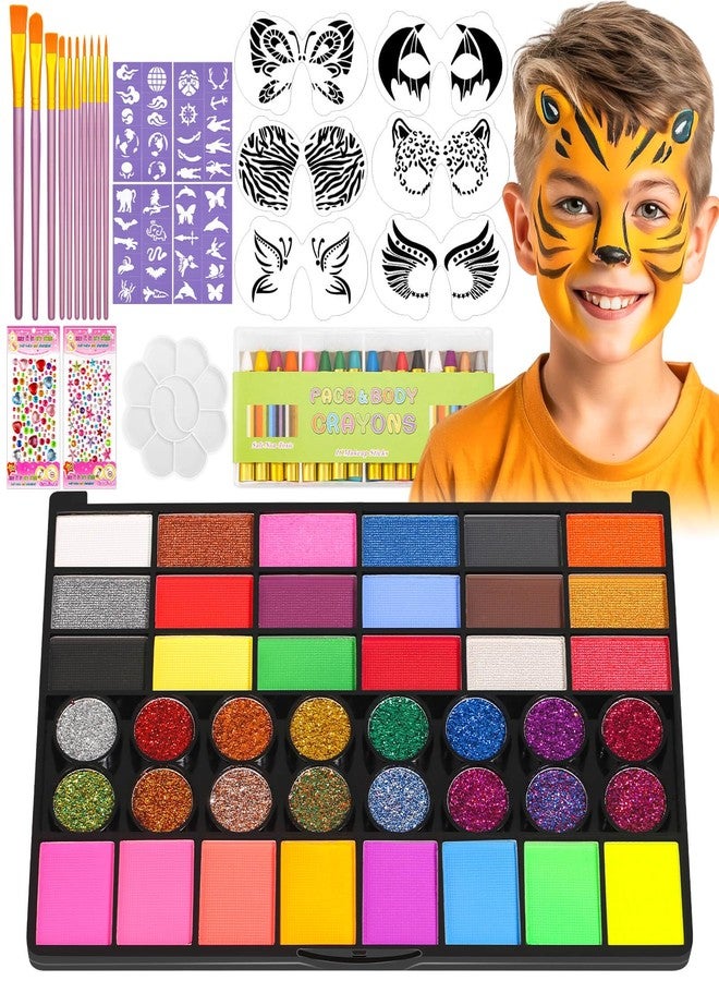 Flasoo Kids Face Painting Kit - 42 Non-Toxic Colors, 16 Crayons, 6 Reusable & 40 Sticky Stencils for Parties & Halloween - Image 1