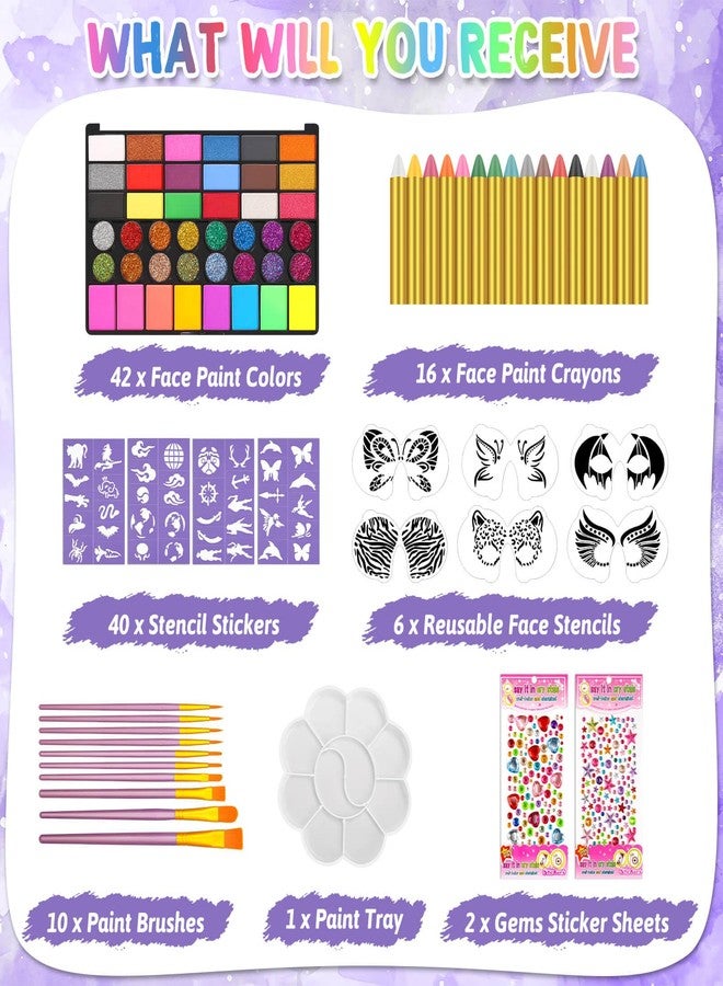 Flasoo Kids Face Painting Kit - 42 Non-Toxic Colors, 16 Crayons, 6 Reusable & 40 Sticky Stencils for Parties & Halloween - Image 3