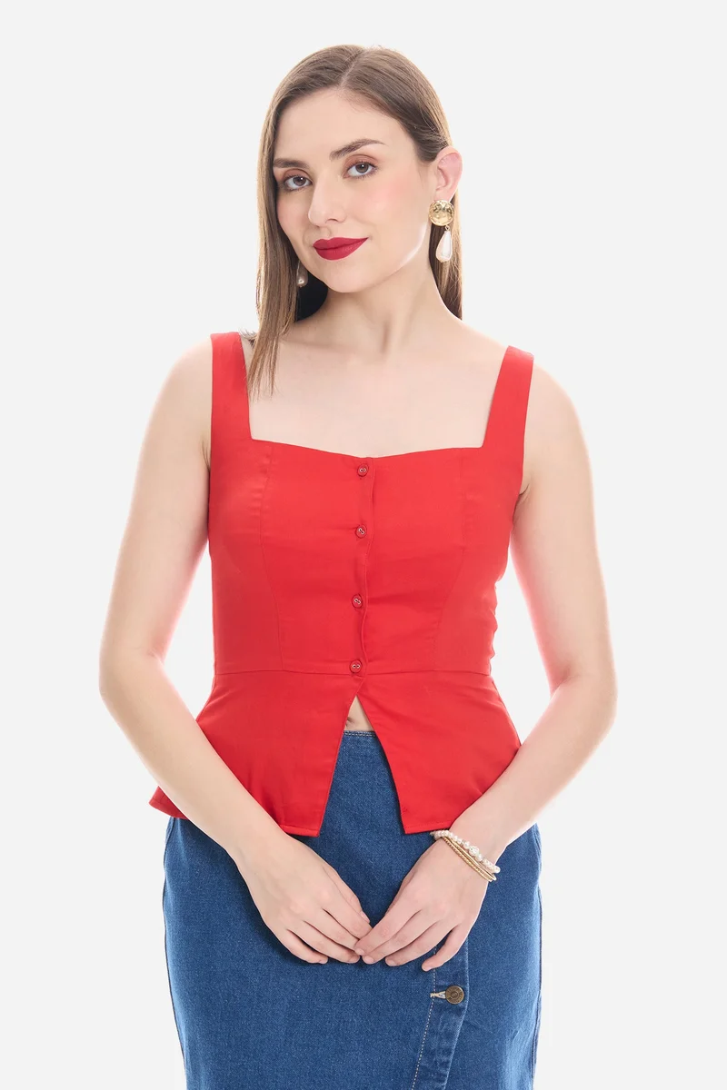 Virgio Solid Cotton Satin Waistcoat With Peplum for Women