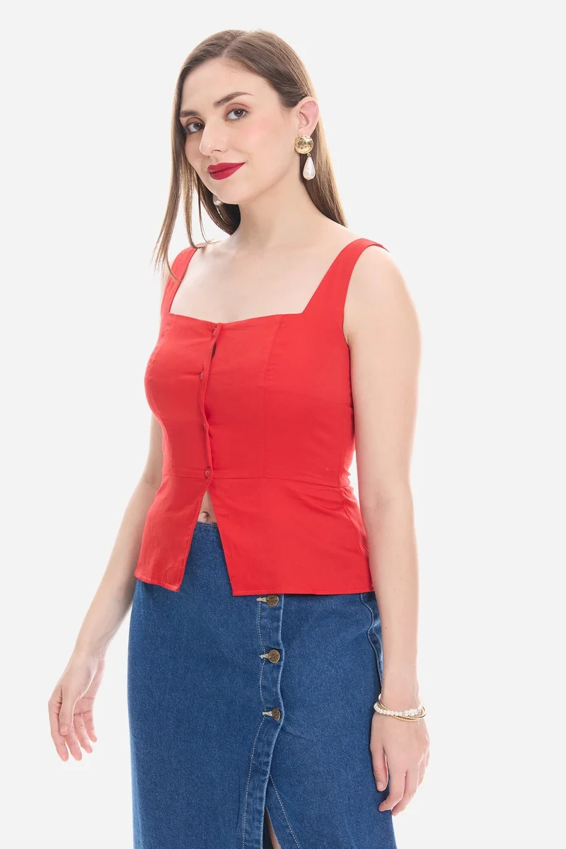 فيرجيو Solid Cotton Satin Waistcoat With Peplum for Women