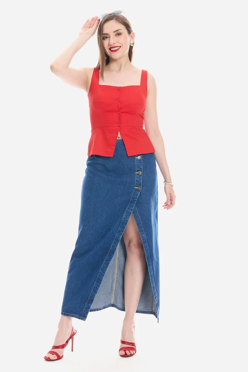 فيرجيو Solid Cotton Satin Waistcoat With Peplum for Women