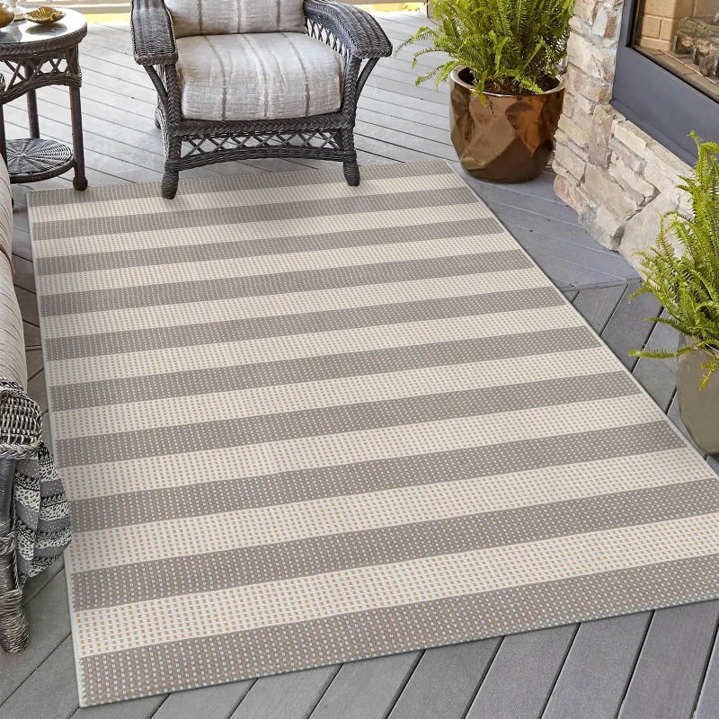 OJIA Washable Area Rugs 4'x6', Striped Outdoor Rug Cotton Woven Entryway Rugs Indoor Patio Rugs Carpet Large Area Rugs for Bedroom/Porch/Deck/Backyard/Camping/Living Room (Blue/White/Tan) - Image 1