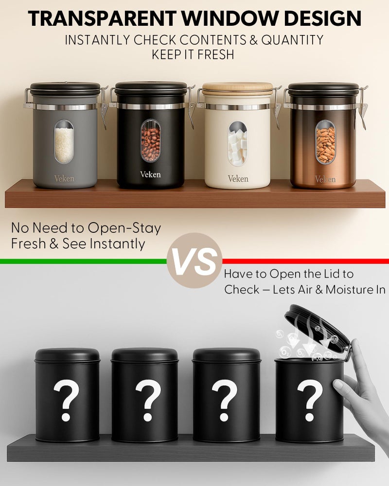 Veken Coffee Sugar Canister with Window, Coffee Lover Gift Set,Airtight Stainless Steel Kitchen Food Storage Container Gifts, Date Tracker & Scoop for Grounds Coffee,Beans,Tea,Flour,Cereal,22OZ,Cream - Image 2