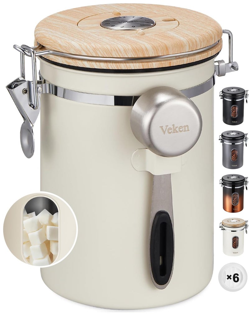 Veken Coffee Sugar Canister with Window, Coffee Lover Gift Set,Airtight Stainless Steel Kitchen Food Storage Container Gifts, Date Tracker & Scoop for Grounds Coffee,Beans,Tea,Flour,Cereal,22OZ,Cream - Image 1