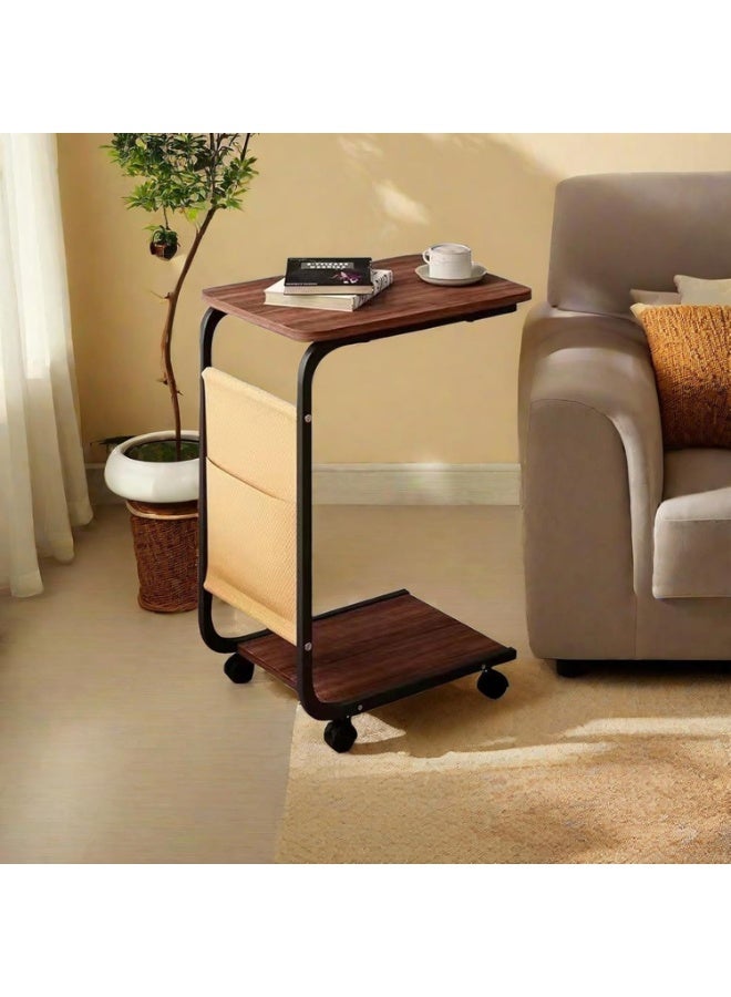 Modern End Table with Wheels and Side Pocket for Living Room Bedroom Sofa Bed - Image 3