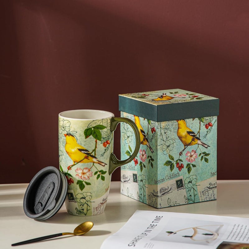 TZSSP Coffee Ceramic Mug Porcelain Latte Tea Cup Travel Mug With Lid 17ozSong Bird - Image 2
