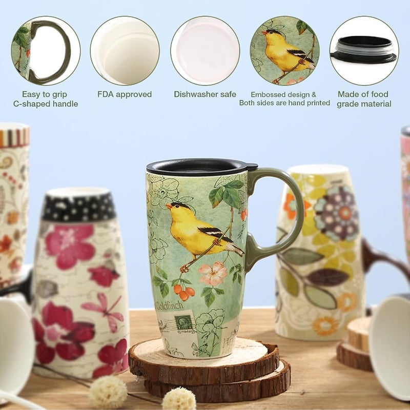 TZSSP Coffee Ceramic Mug Porcelain Latte Tea Cup Travel Mug With Lid 17ozSong Bird - Image 5