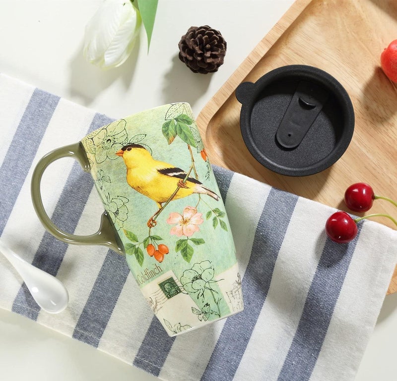 TZSSP Coffee Ceramic Mug Porcelain Latte Tea Cup Travel Mug With Lid 17ozSong Bird - Image 3
