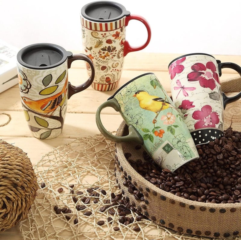 TZSSP Coffee Ceramic Mug Porcelain Latte Tea Cup Travel Mug With Lid 17ozSong Bird - Image 4