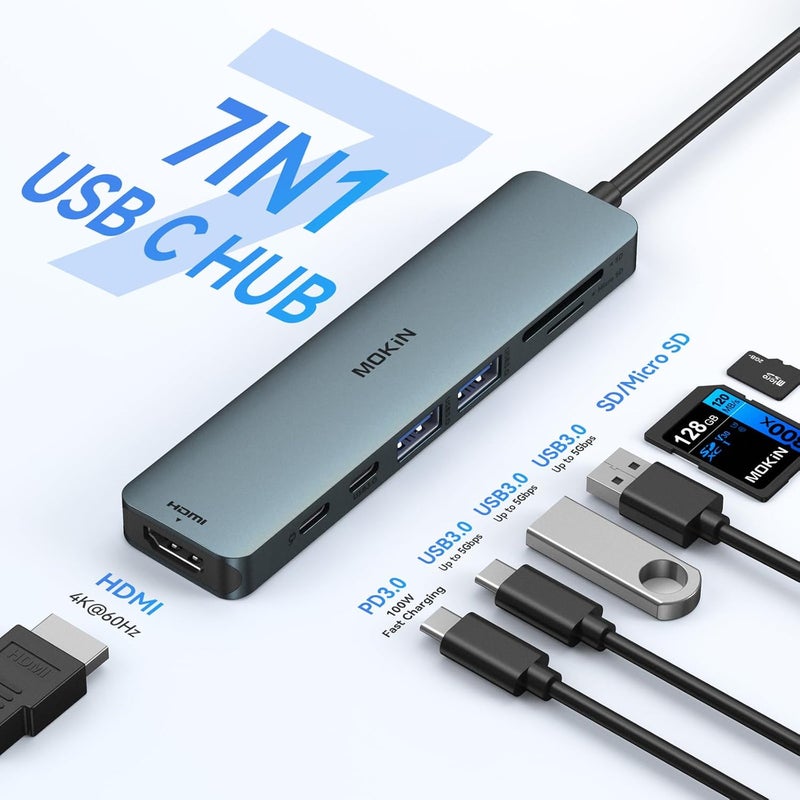 Mokin USB C Hub HDMI Adapter for MacBook Pro/Air, 7 in 1 USB C Dongle with HDMI, SD/TF Card Reader, USB C Data Port,100W PD, and 2 USB 3.0 Compatible for MacBook Pro/Air, Dell XPS, Lenovo Thinkpad. - Image 2