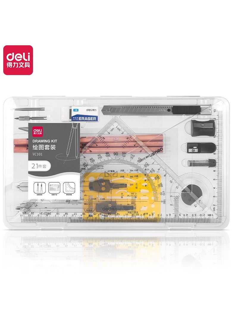 ديلي مجموعة ديلي VC101 للرسم الهندسي – 21 قطعة، فرجار معدني، قوالب، ونطاق نصف قطر من 0.2 إلى 20 سم.