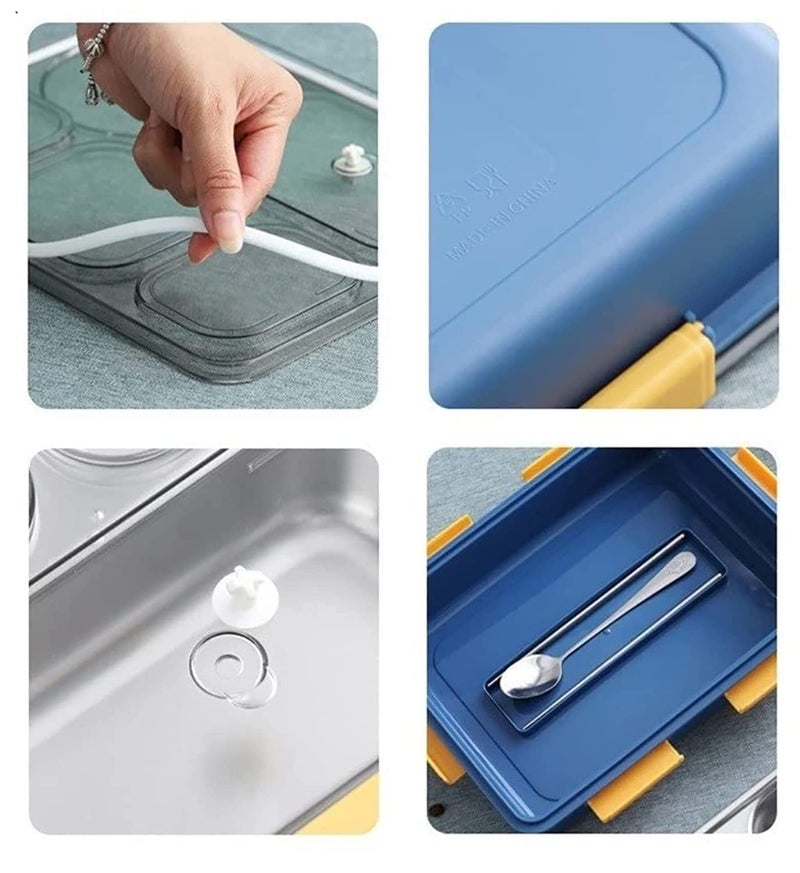 Brand Conquer صندوق غداء 2 قسم مقاوم للتسرب خالي من BPA من الفولاذ المقاوم للصدأ للمدرسة، صندوق غداء للمدرسة والمكتب مع شوكة وملعقة وزوج من عيدان الطعام (أزرق، 2 قسم) - Image 4