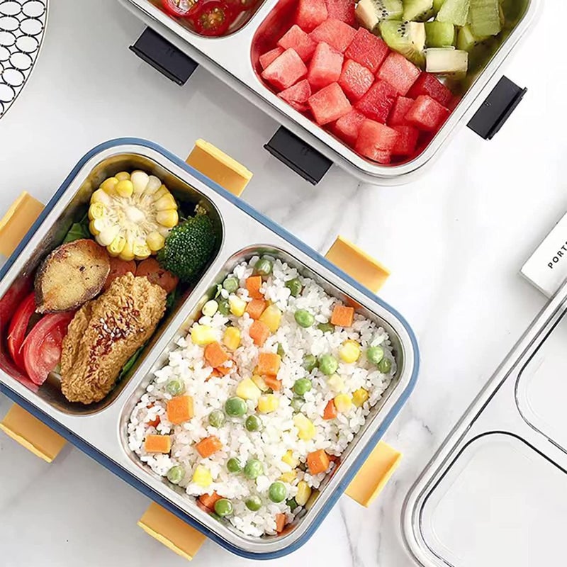Brand Conquer صندوق غداء 2 قسم مقاوم للتسرب خالي من BPA من الفولاذ المقاوم للصدأ للمدرسة، صندوق غداء للمدرسة والمكتب مع شوكة وملعقة وزوج من عيدان الطعام (أزرق، 2 قسم) - Image 2