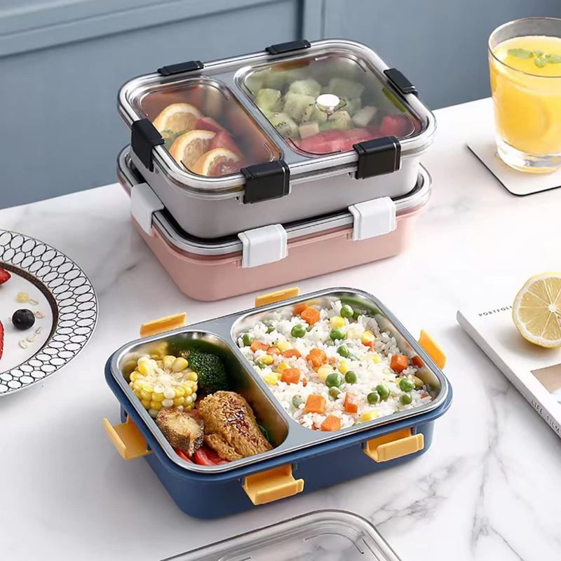 Brand Conquer صندوق غداء 2 قسم مقاوم للتسرب خالي من BPA من الفولاذ المقاوم للصدأ للمدرسة، صندوق غداء للمدرسة والمكتب مع شوكة وملعقة وزوج من عيدان الطعام (أزرق، 2 قسم) - Image 5