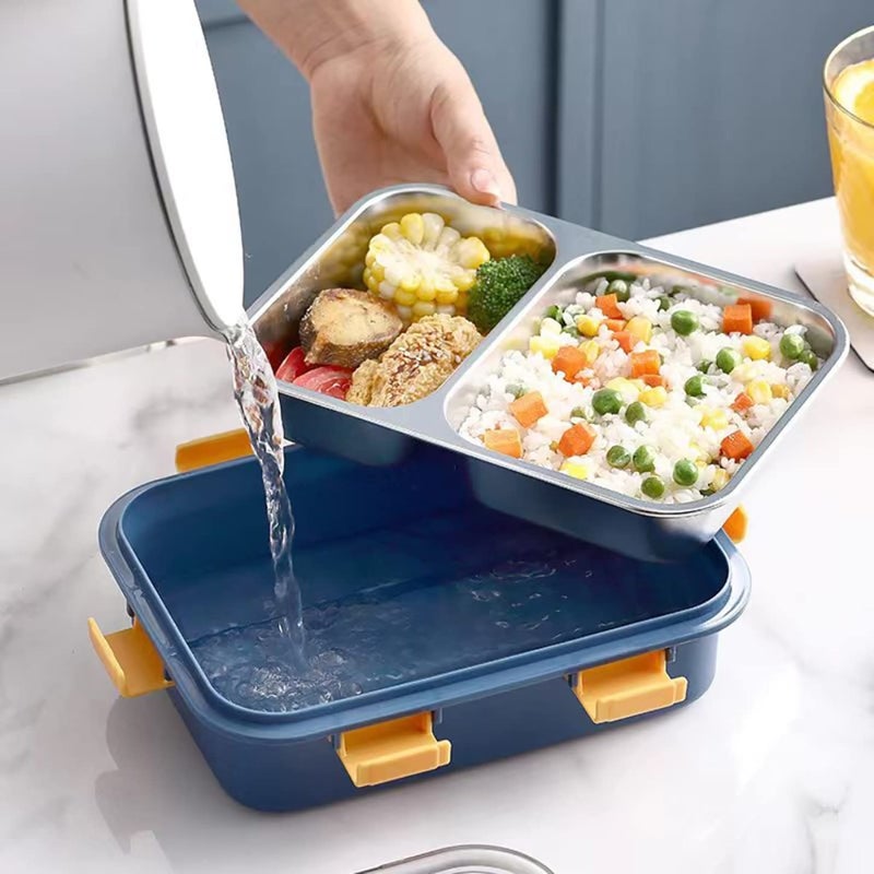 Brand Conquer صندوق غداء 2 قسم مقاوم للتسرب خالي من BPA من الفولاذ المقاوم للصدأ للمدرسة، صندوق غداء للمدرسة والمكتب مع شوكة وملعقة وزوج من عيدان الطعام (أزرق، 2 قسم) - Image 3