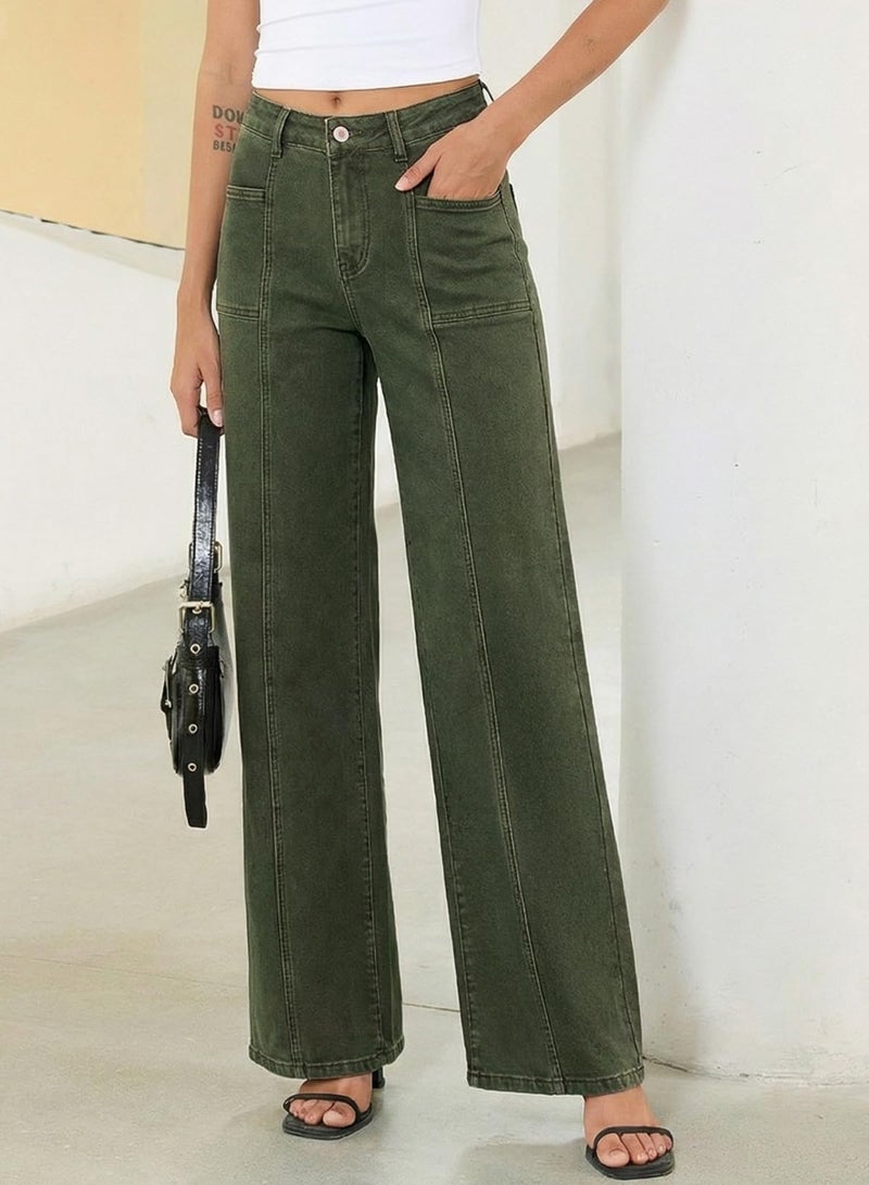 Sidefeel Women's Jeans Wide Leg High Waisted Stretchy Straight Leg Denim Pants Baggy Jeans Green Size 10 - Image 3