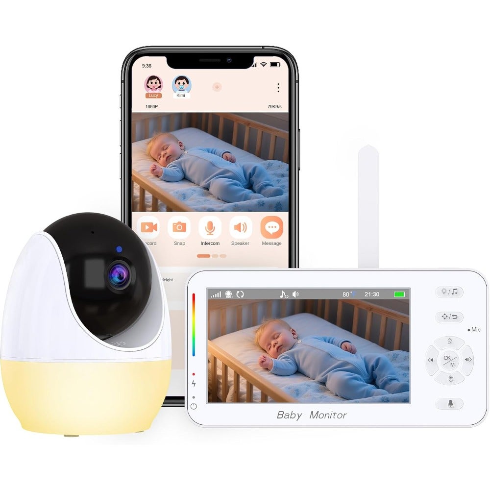 Baby Monitor with 1080P HD Camera, Hybrid 2.4GHz Wi-Fi No Wi-Fi Connection, 4× Zoom, Pan-Tilt, Temperature Display, Lullabies Night Light, 4.3-Inch Screen, Remote Baby Monitoring from Anywhere