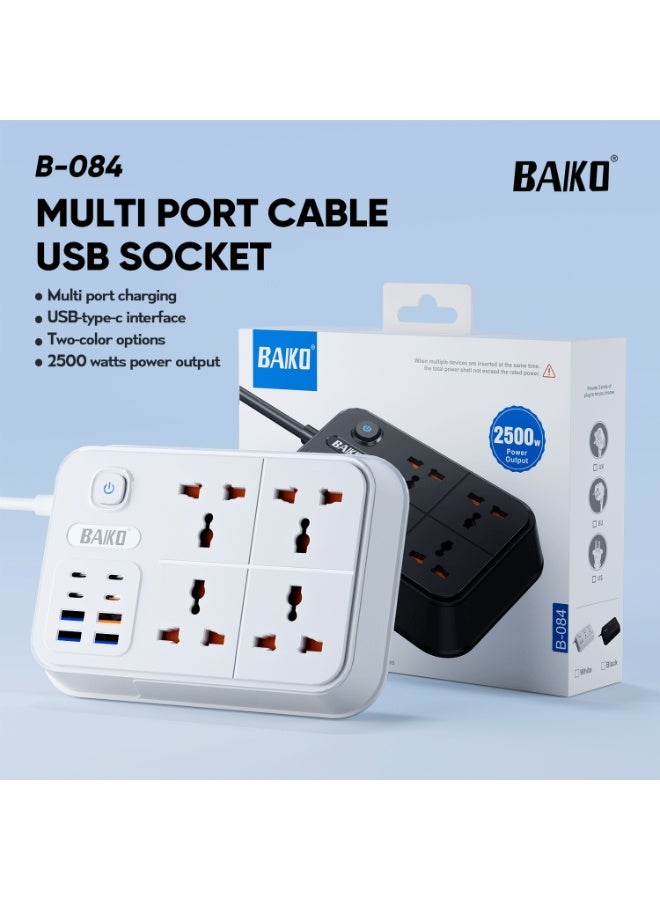 BAIKO B-084 2 Meters Power Strip 2500W High Power Extension Socket with 4 USB & 4 Type-C Ports Electric Socket Mains Power Strip for Home Kitchen and Office - Image 1