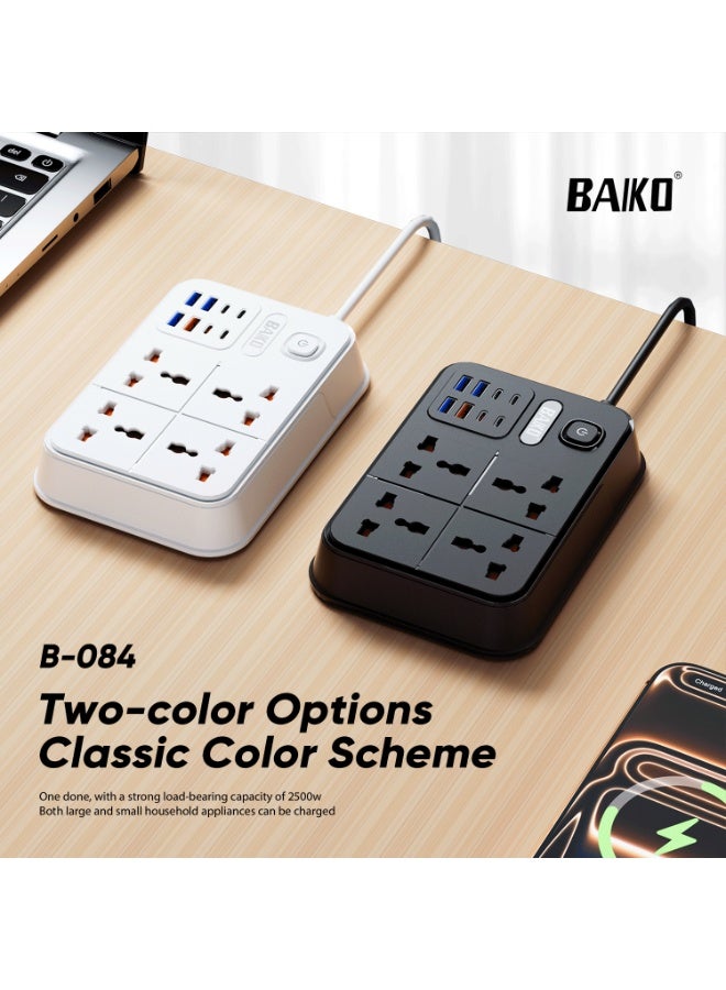 BAIKO B-084 2 Meters Power Strip 2500W High Power Extension Socket with 4 USB & 4 Type-C Ports Electric Socket Mains Power Strip for Home Kitchen and Office - Image 2